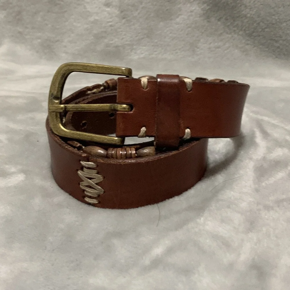 Vintage Omega Genuine Leather‎ Belt Large Brown Beaded & Stitched Made in Turkey
